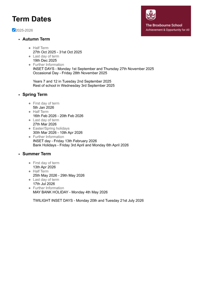 brox bourne school term dates