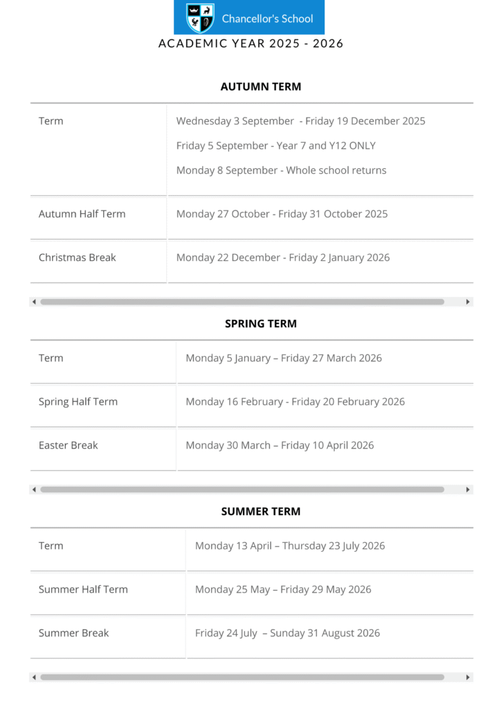 chancellors Term Dates 25-26