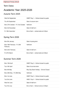 Highwood Primary School » Term Dates 25-26