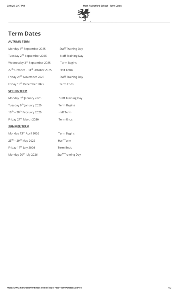 Mark Rutherford School - Term Dates 25-26
