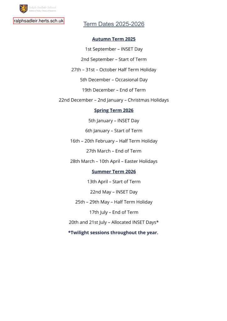 Term Dates – Ralph Sadleir School