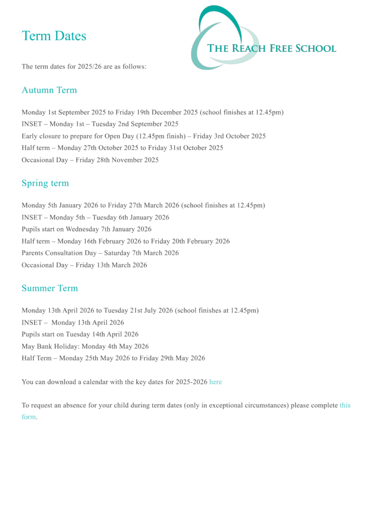 Term Dates — The Reach Free School
