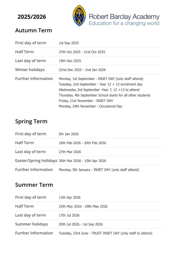 Term Dates - Robert Barclay Academy