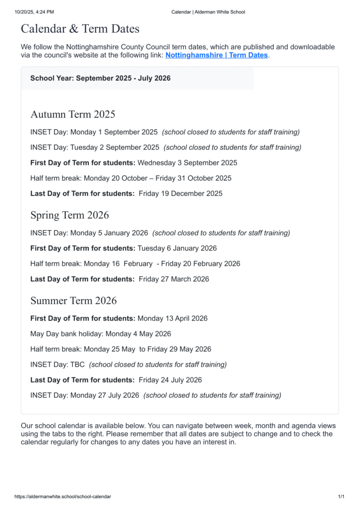 Alderman White School term dates