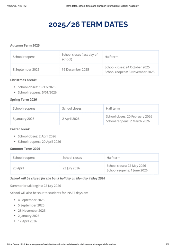 biddick academy TERM DATES
