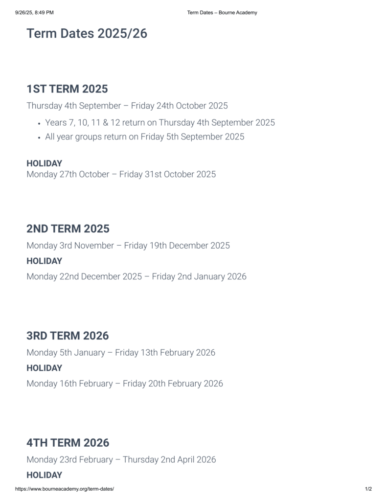 Bourne Academy term dates 25-26