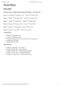 Corby Technical School term dates