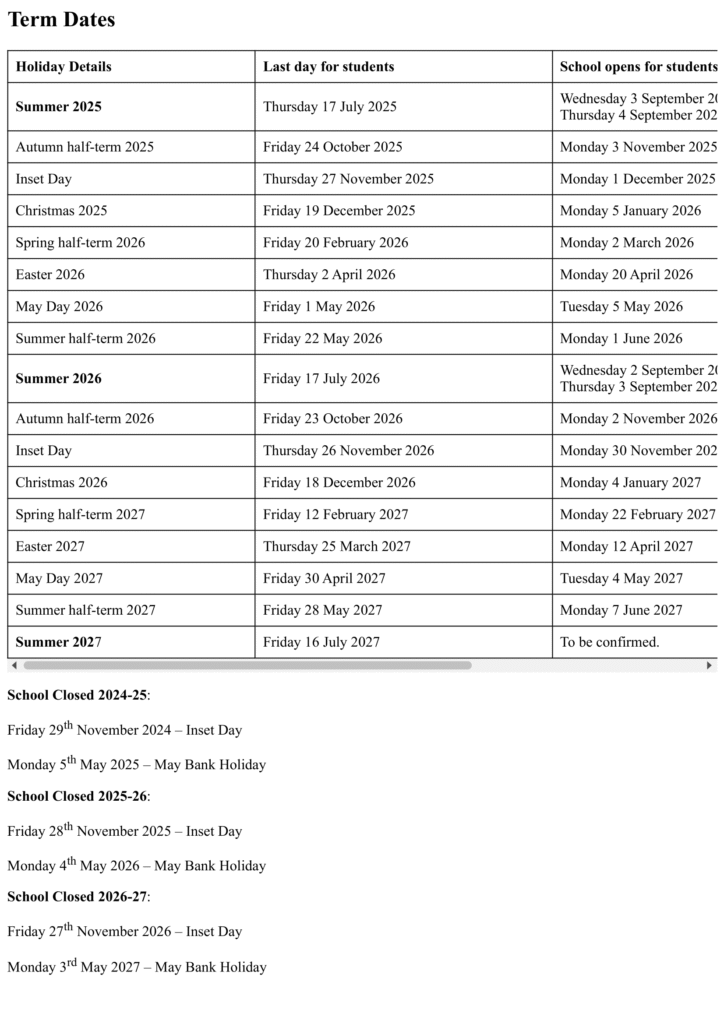 Dene Academy term dates