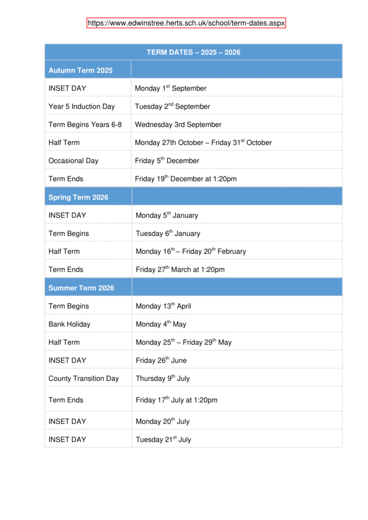 Edwinstree School term dates