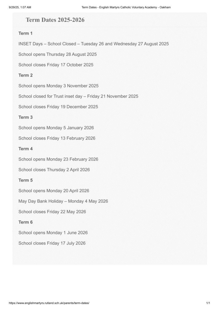 English Martyrs Catholic Voluntary Academy - Oakham term dates