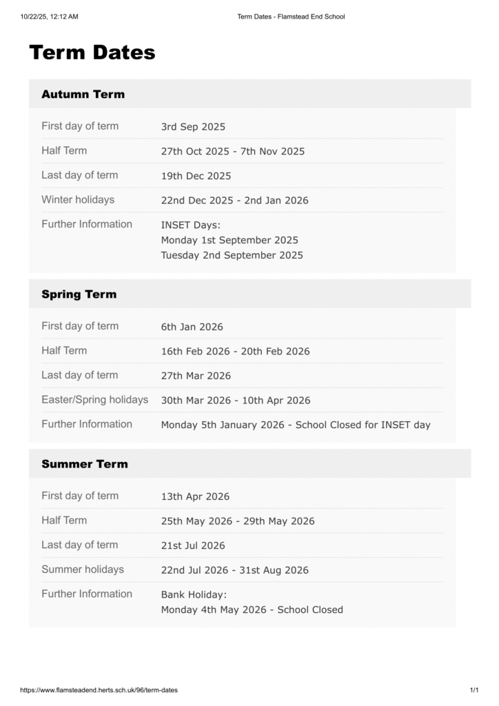 Term Dates - Flamstead End School