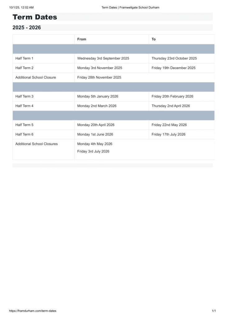 Framwellgate School Durham ,term dates