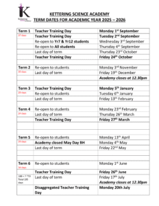 Term Dates - Kettering Science Academy