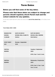 Term Dates - Kings Priory School