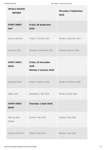 Term Dates - Kings Priory School