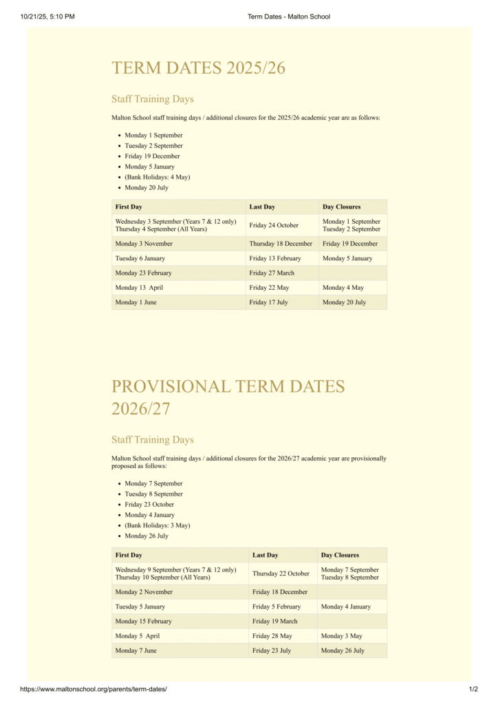 Malton School term dates 1