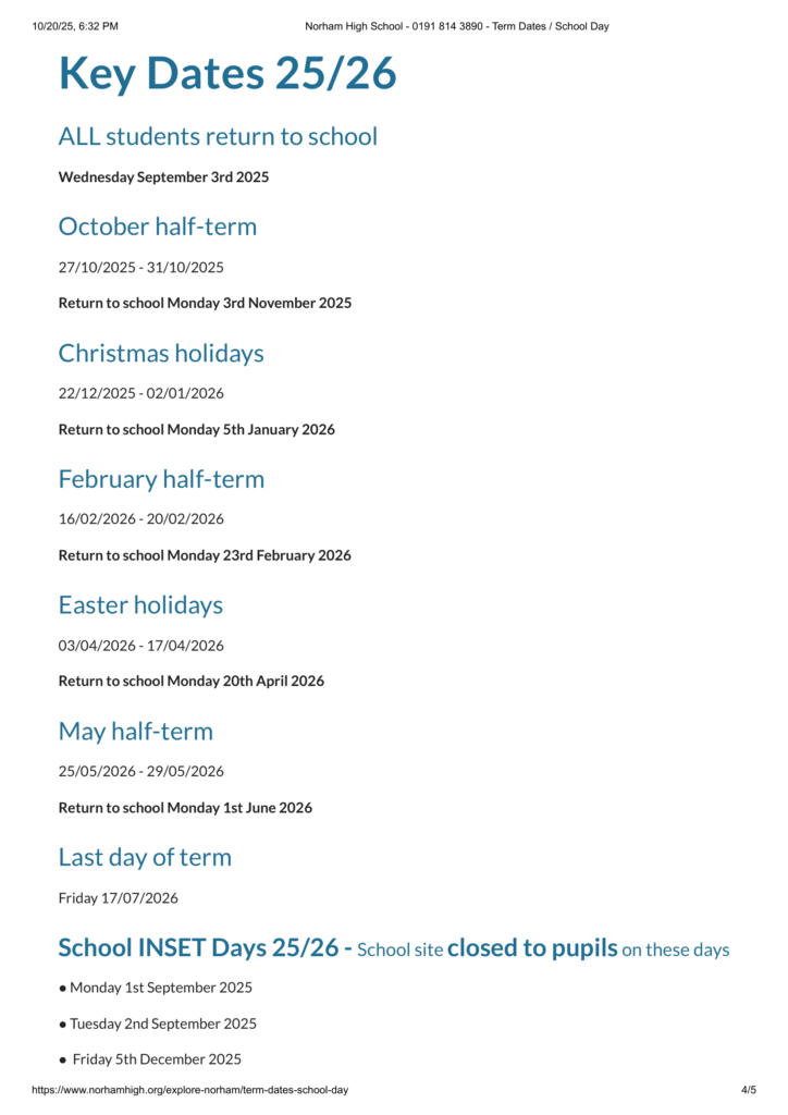 Norham High School Term Dates 25-26 Revised