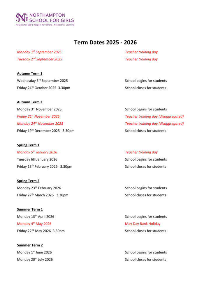 Northampton School for Girls - term dates