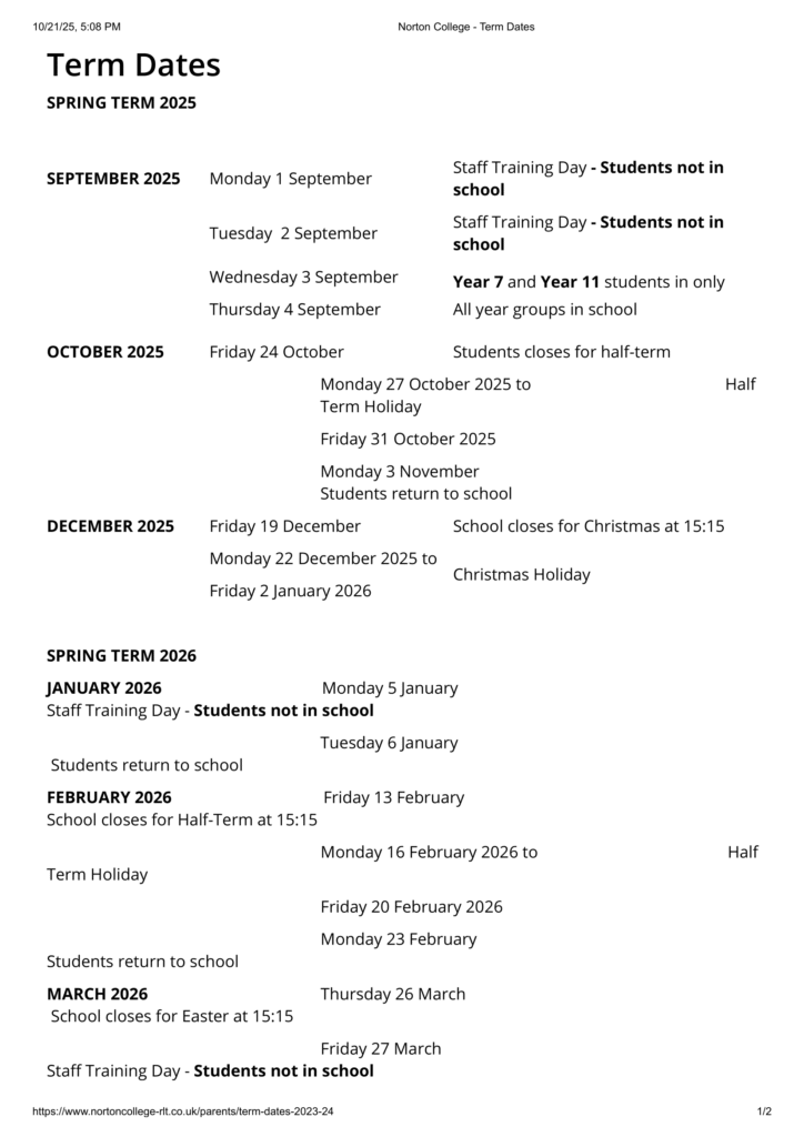 Norton College term dates
