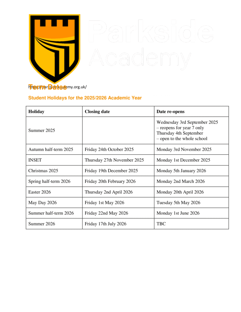 Parkside Academy Term Dates 25-26 REVISED