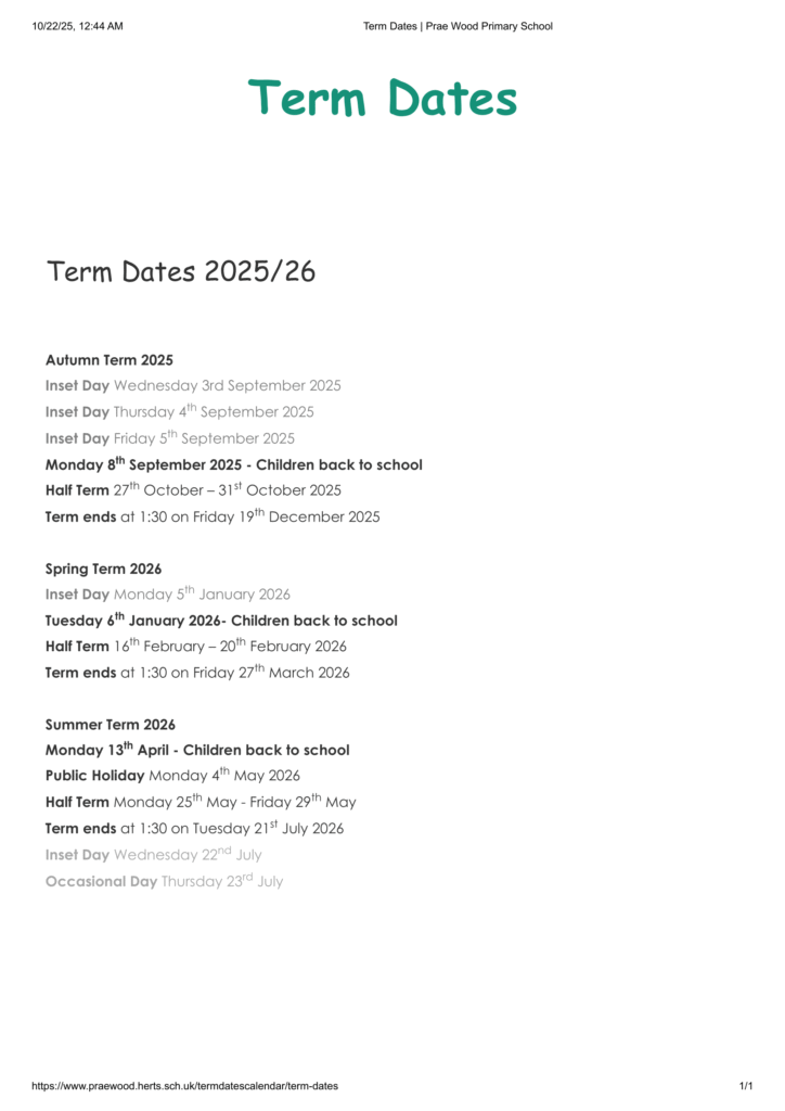 Prae Wood Primary School, term dates