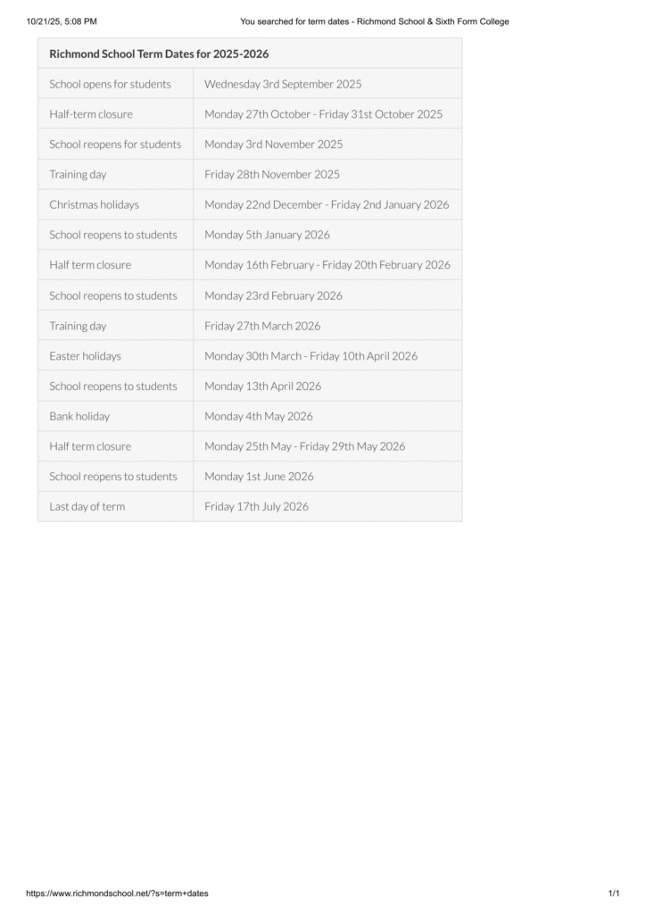Richmond School & Sixth Form College term dates