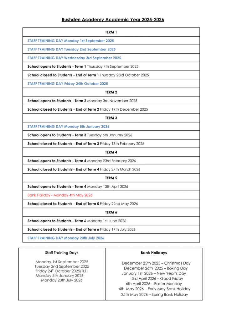 Rushden Academy term dates