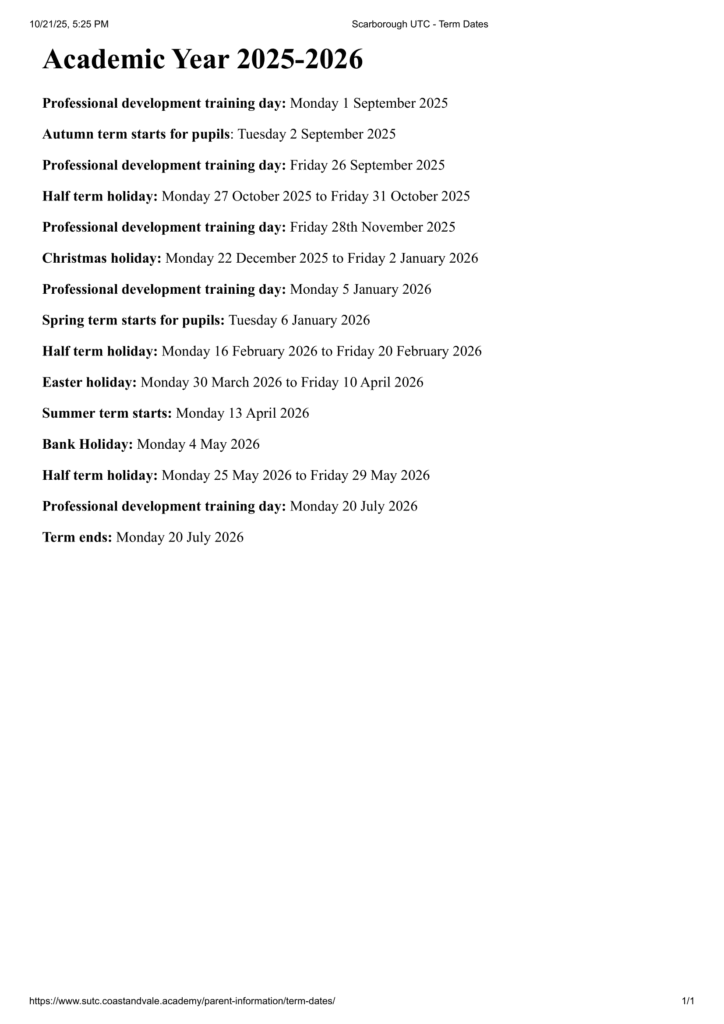 Scarborough UTC Term Dates