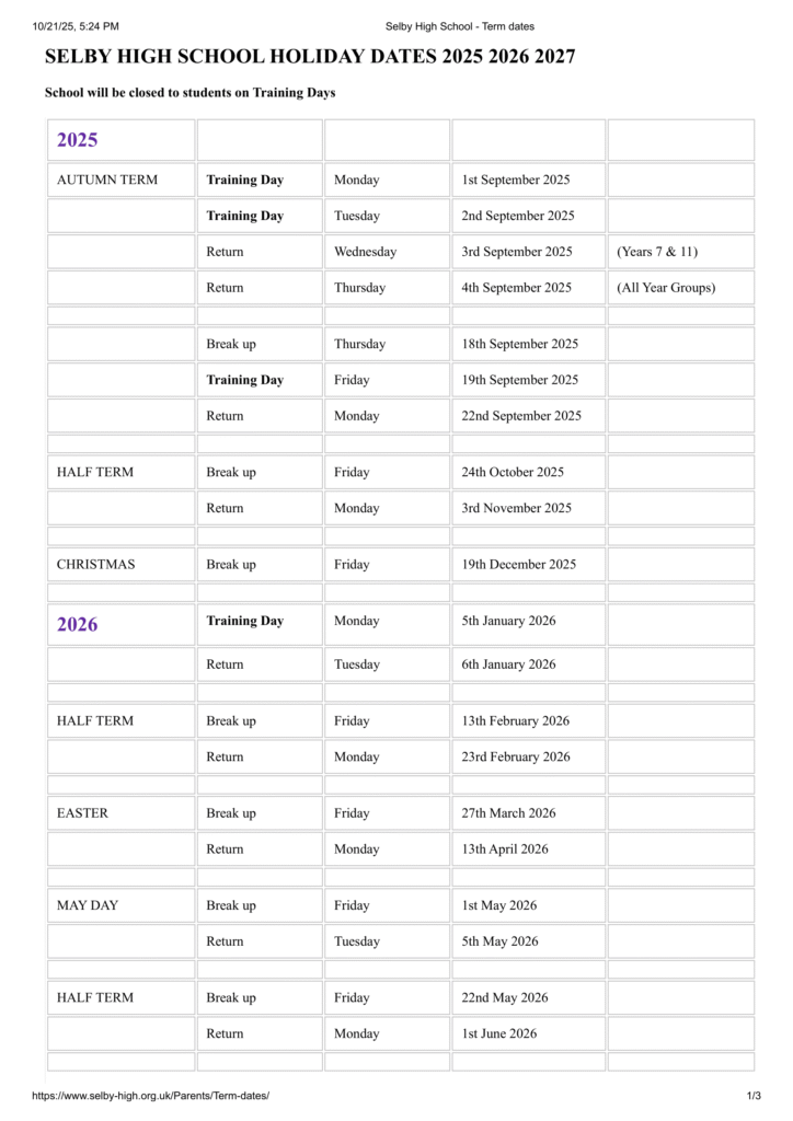 Selby High School - Term dates-1