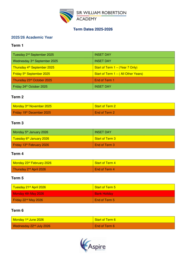 Sir William Robertson Academy term dates
