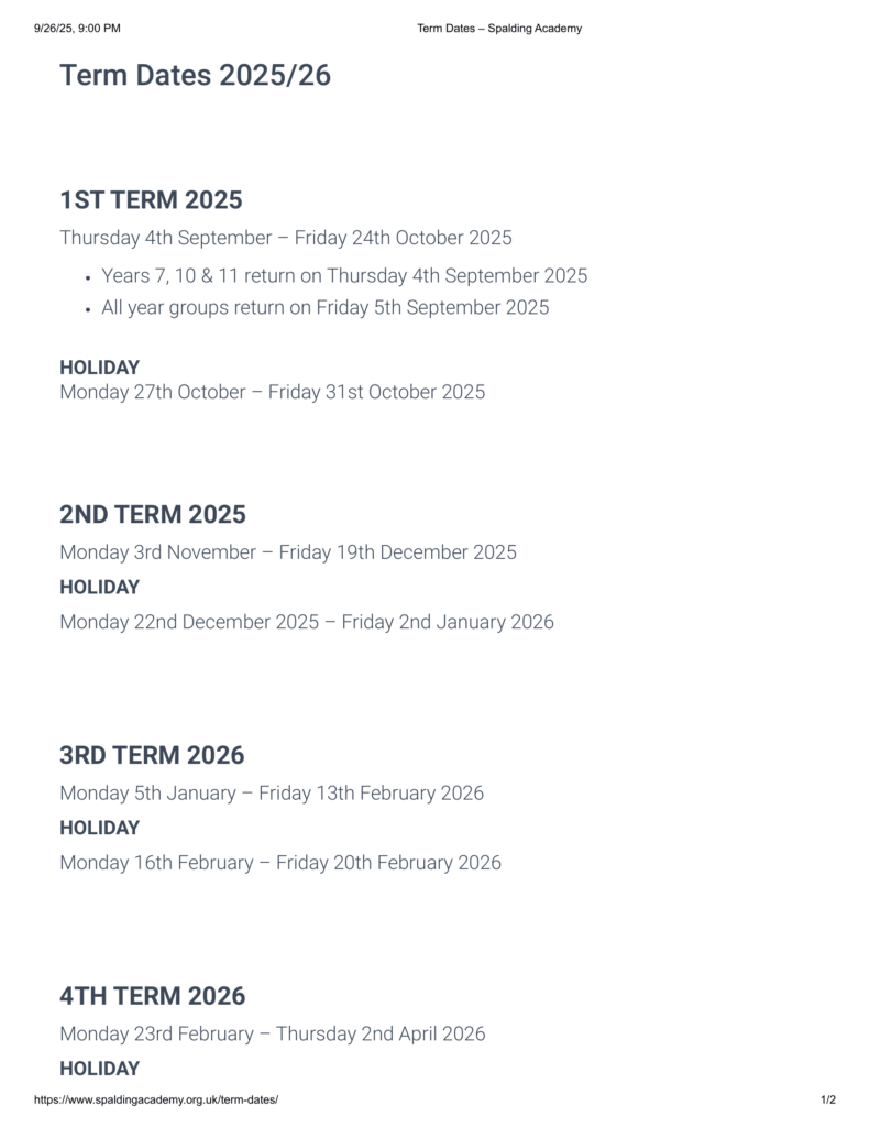 Spalding Academy term dates 25-26