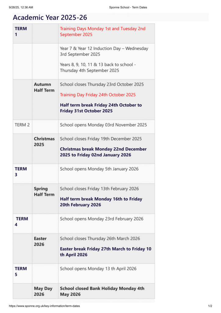 Sponne School Term Dates revised 25-26