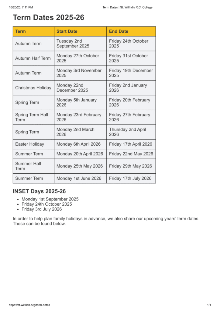 St. Wilfrid's R.C. College Term dates