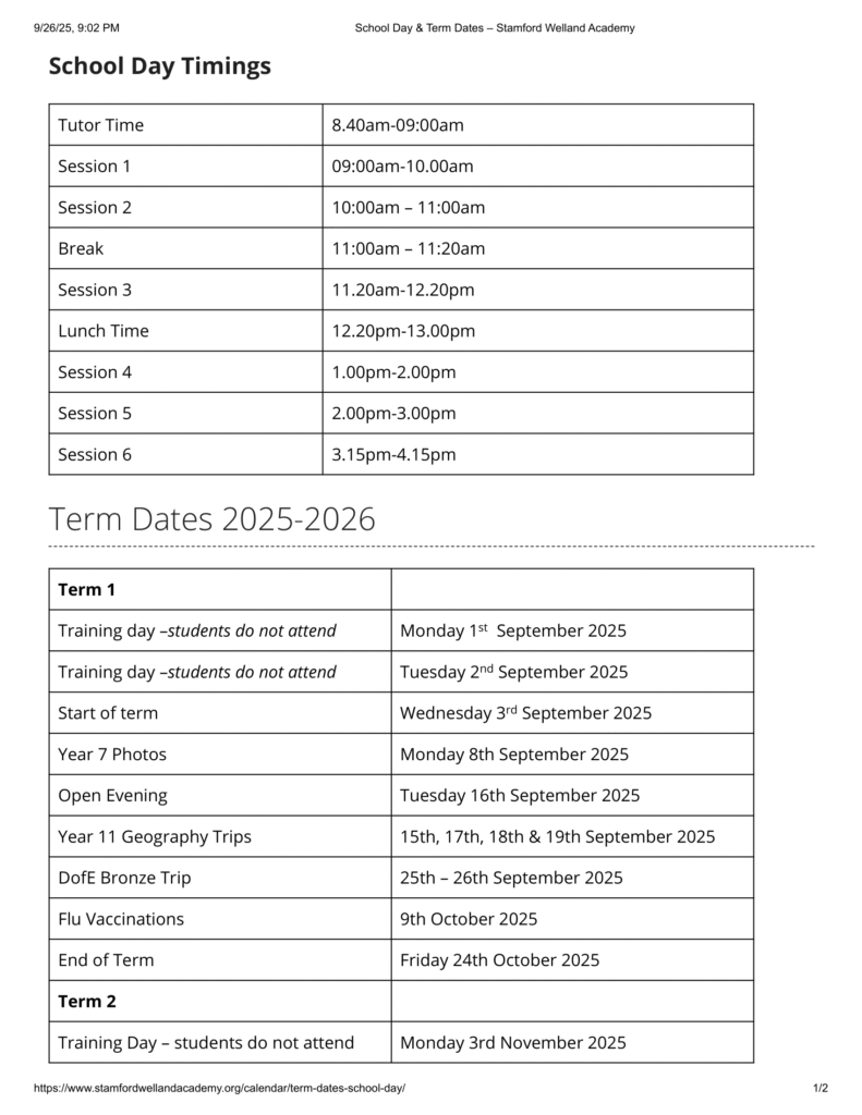 Stamford Welland Academy term dates 1