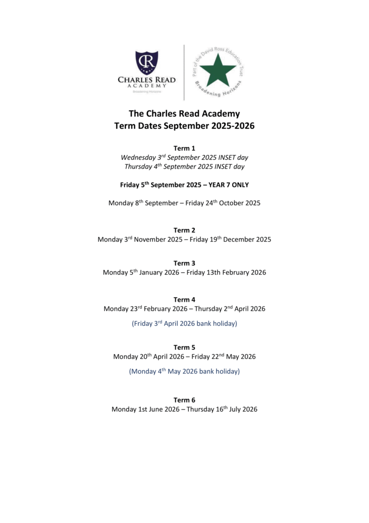 Charles Read Academy term dates 25-26