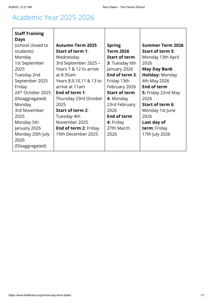 The Ferrers School term dates