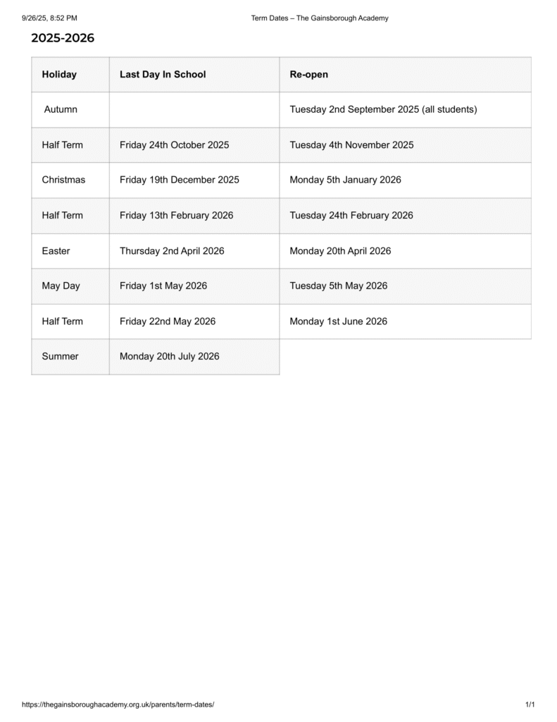 The Gainsborough Academy, term dates