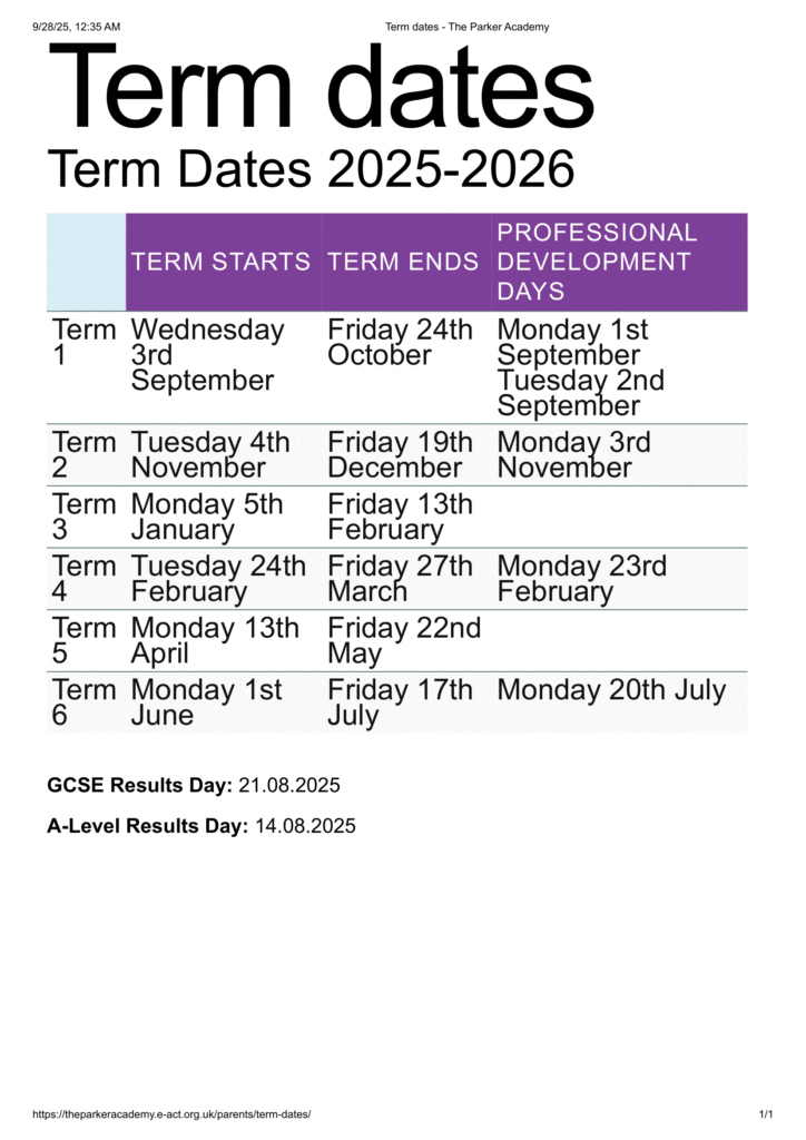The Parker Academy Term dates