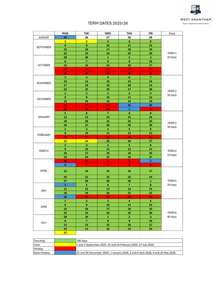 West Grantham Church of England Secondary Academy term dates