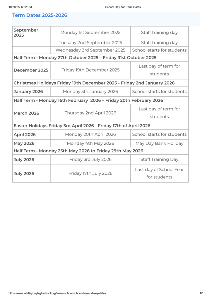 Whitley Bay High School Term Dates