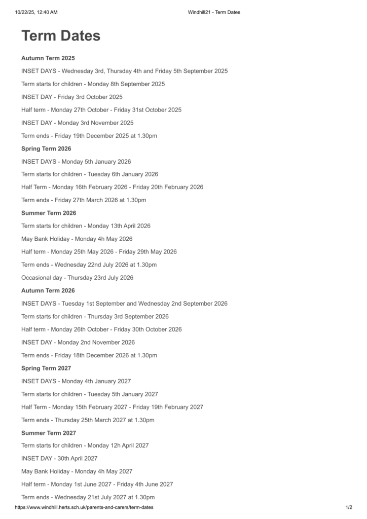 Windhill21 - Term Dates
