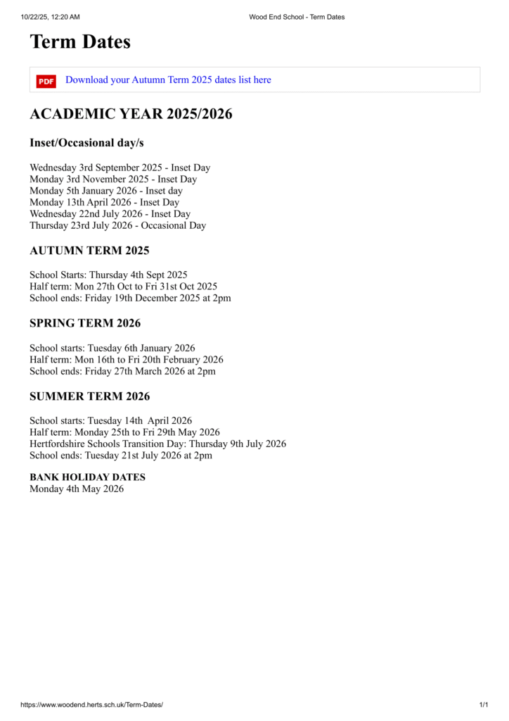 Wood End School - Term Dates 25-26