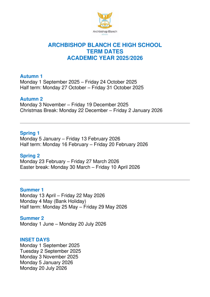 Archbishop Blanch CE High School term dates