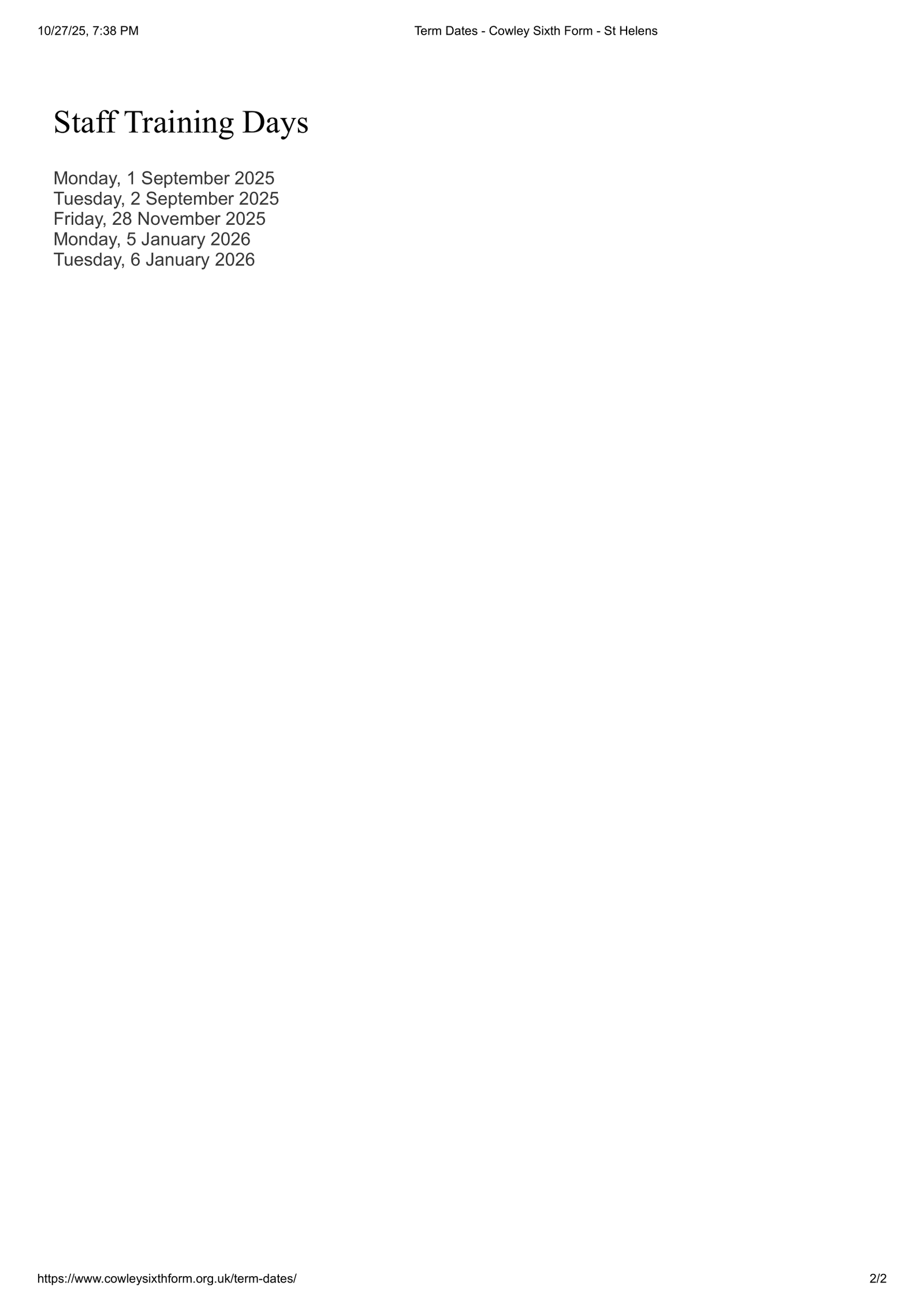 Cowley Sixth Form – St Helens  term dates 25-26 Official Update