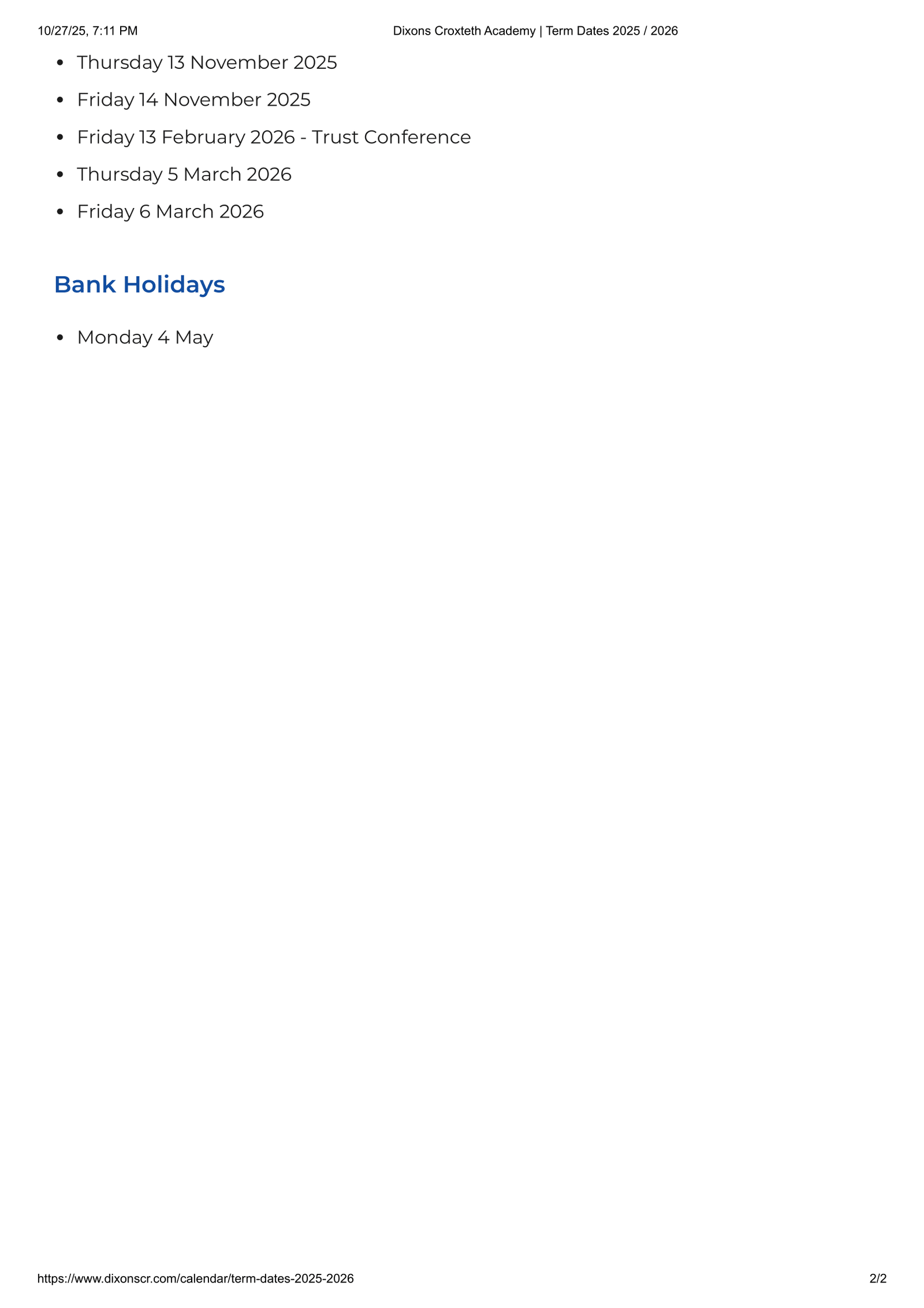 Dixons Croxteth Academy _ term dates 25-26 