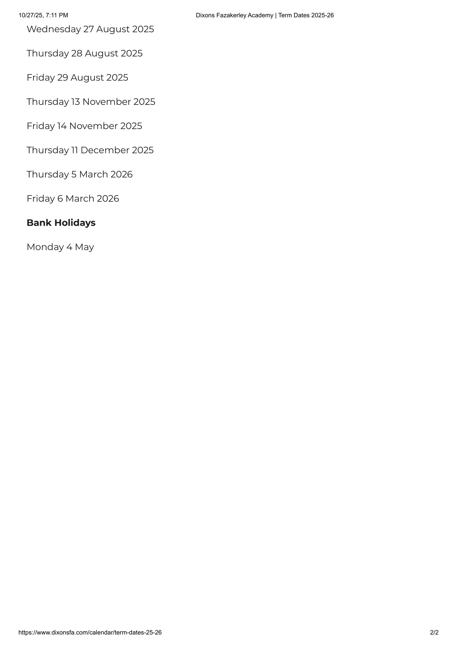 Dixons Fazakerley Academy Term Dates 25-26 Official Updates
