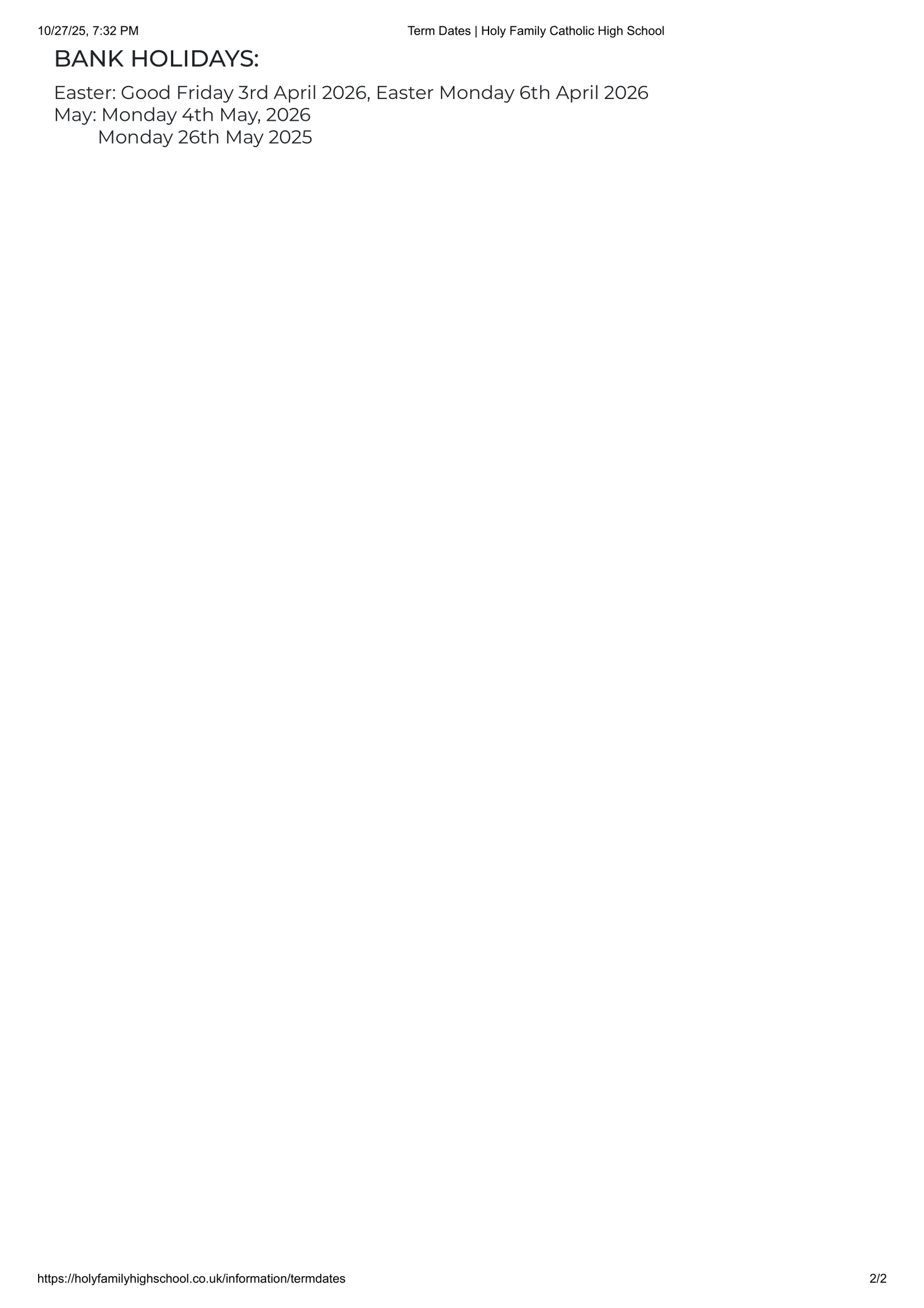 Holy Family Catholic High School term dates 25-26 Official Updates