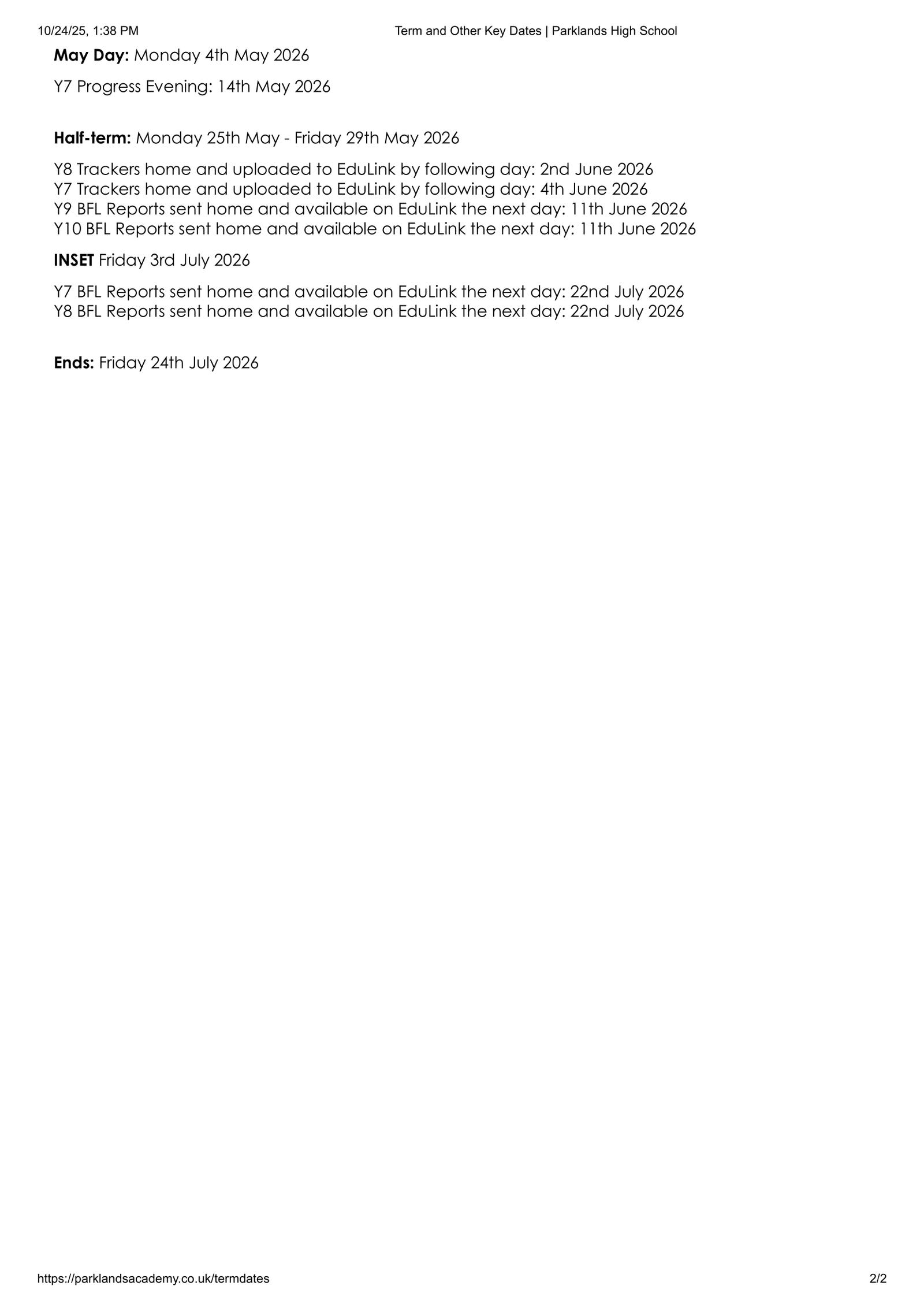 Parklands High School Term Dates