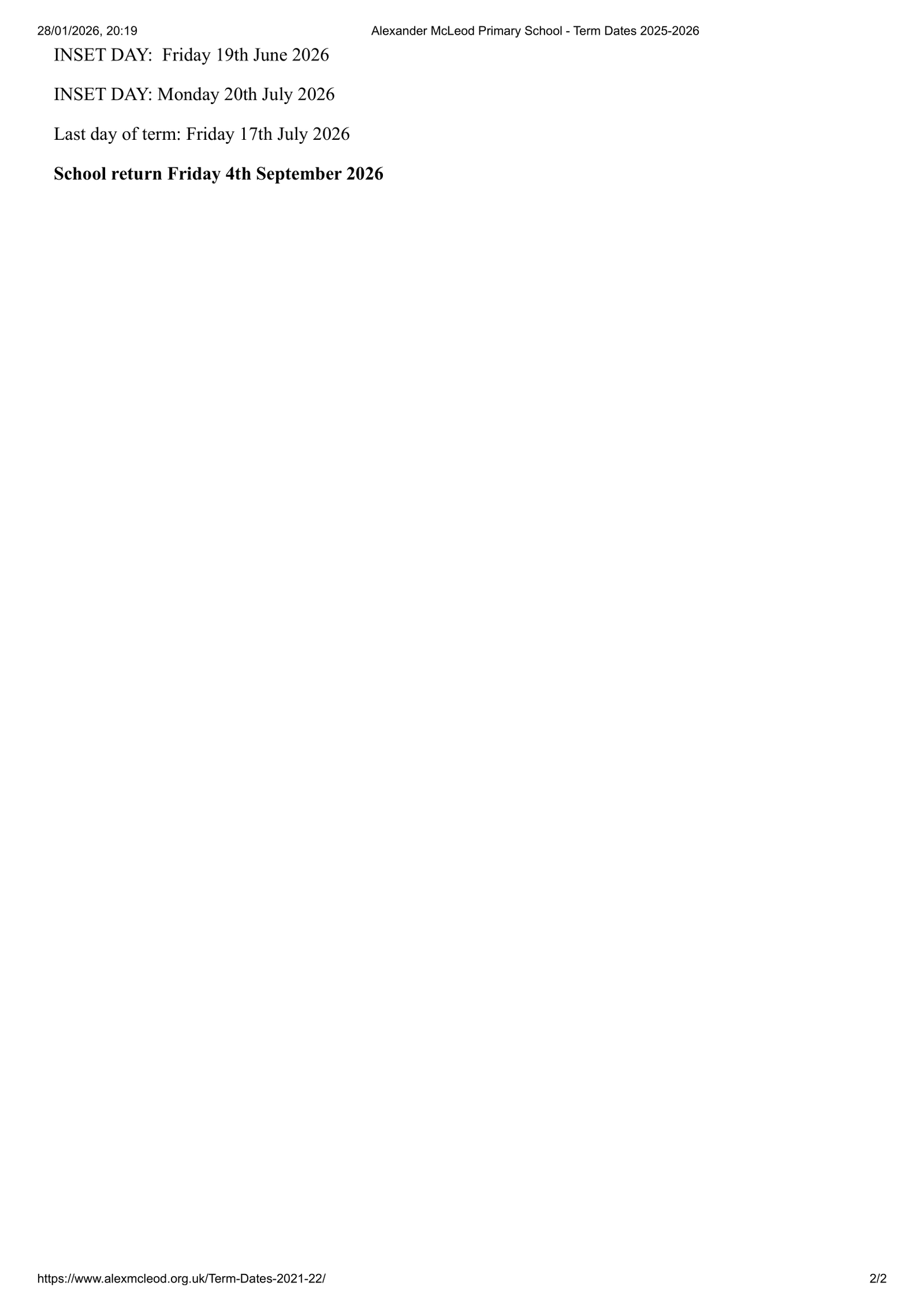 Alexander McLeod Primary School Term Dates 25-26 Official Updates Term Dates