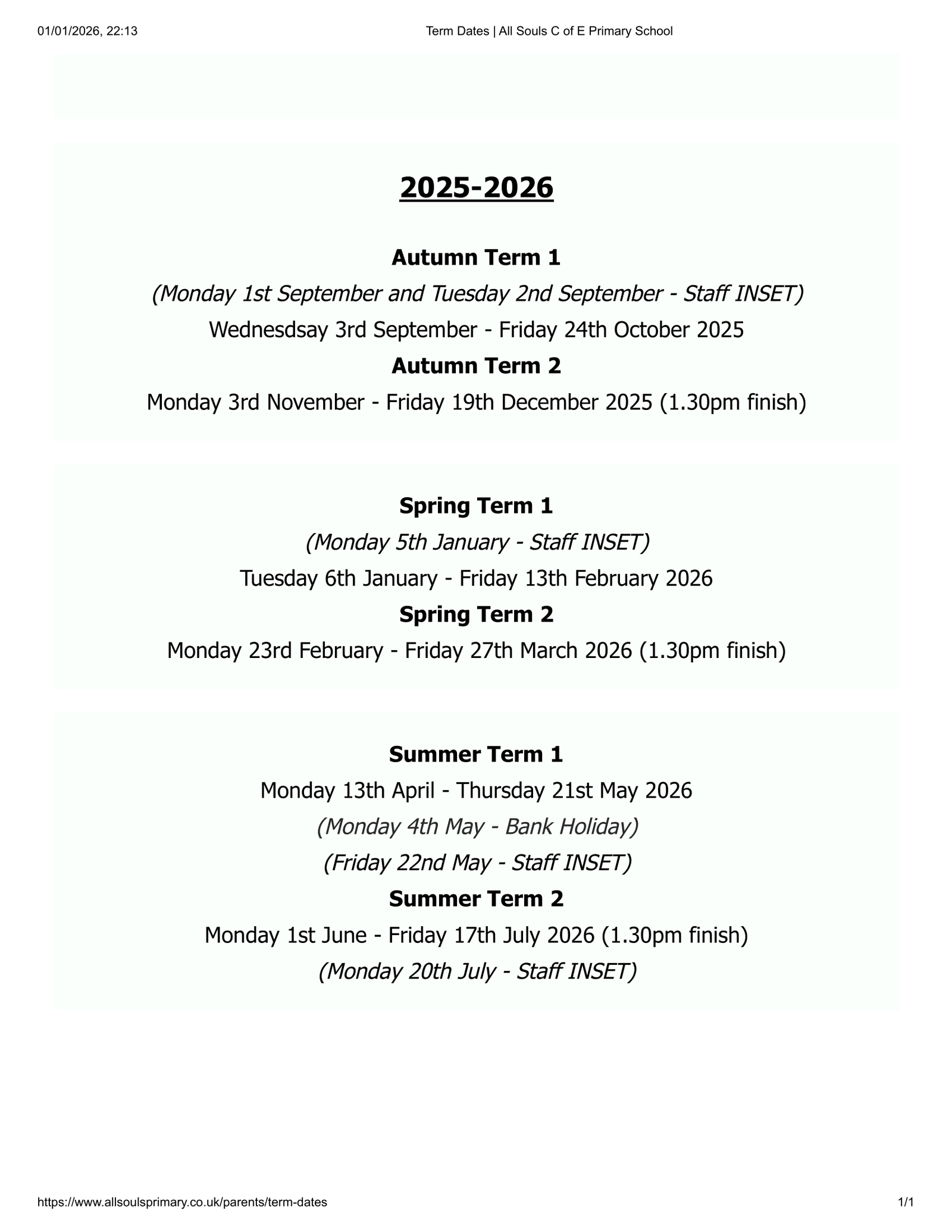 All Souls C of E Primary School Term Dates 25-26 Revised [PDF]
